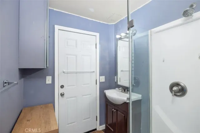 a bathroom with a sink a mirror and a shower
