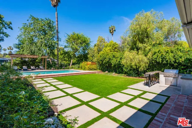 a view of a swimming pool with a yard