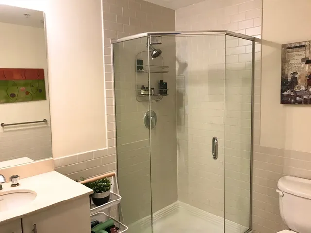 a bathroom with a shower and a sink