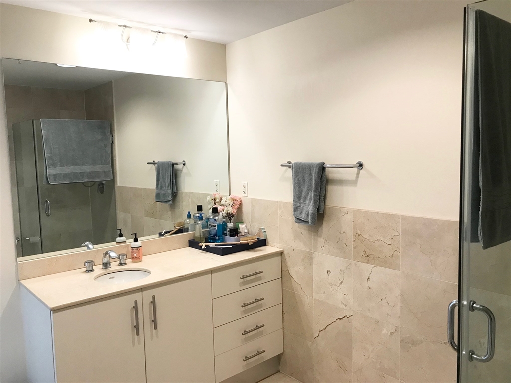 210 South Street, Unit 104 Boston, MA 02111 - Photo 17 of 24 a bathroom with a double vanity sink and mirror