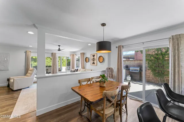 a view of a dining room with furniture window and wooden floor