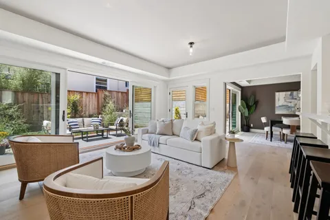 a living room with furniture and a potted plant