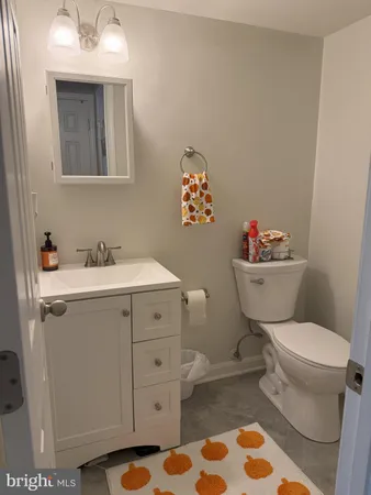 a bathroom with a sink mirror vanity and toilet
