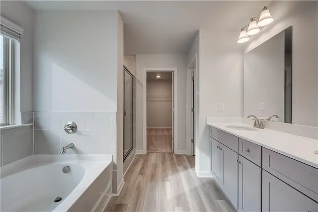 a bathroom with a tub sink and mirror