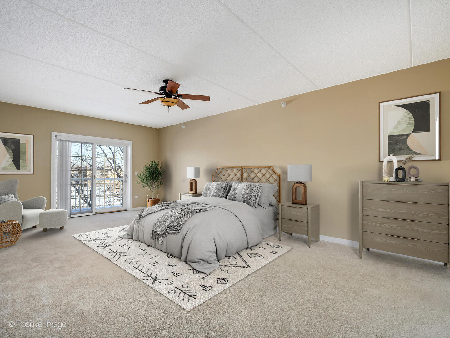 601 West Rand Road, Unit 307 Arlington Heights, IL 60004 - Photo 10 of 22 a spacious bedroom with a bed a couch and a window