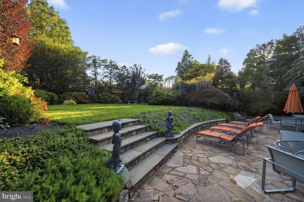 a view of a bench in a garden