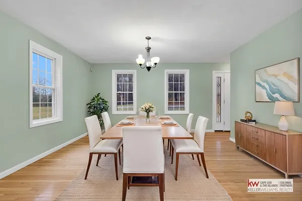 a view of a dining room with furniture and window