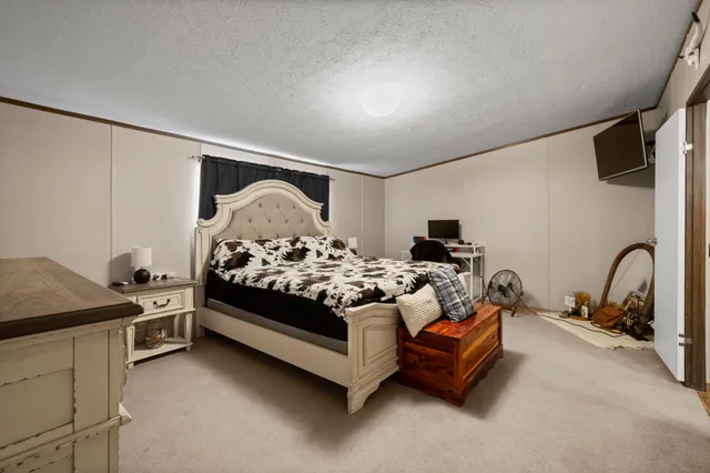 a bedroom with a bed and dresser