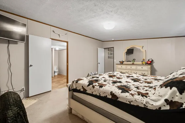 a bedroom with a bed and a mirror