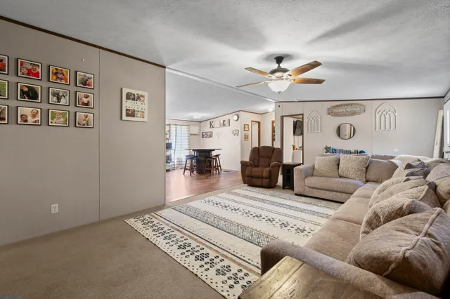 a living room with furniture and a rug