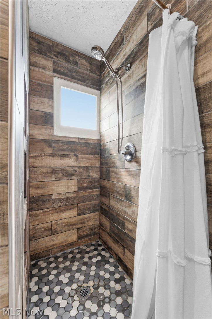 258 Randolph Road Mogadore, OH 44260 - Photo 23 of 49 Shower featuring wood-look plank wall tile, hexagonal floor tile, a fixed window, and a brushed nickel shower fixture with a handheld sprayer