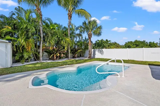 a view of a swimming pool with a yard