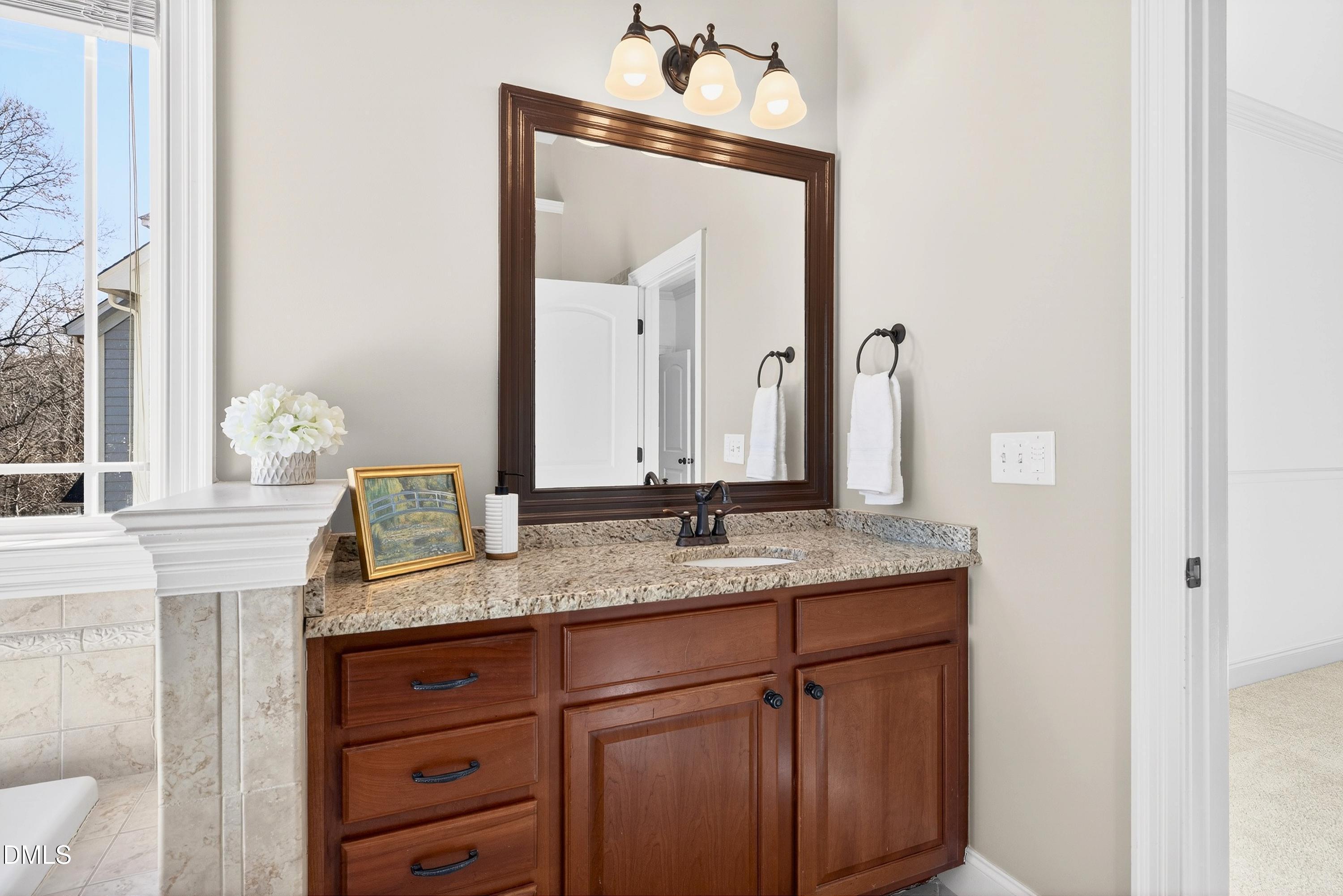 307 Ashdown Forest Lane Cary, NC 27519 - Photo 36 of 91 a bathroom with a granite countertop sink vanity and a mirror