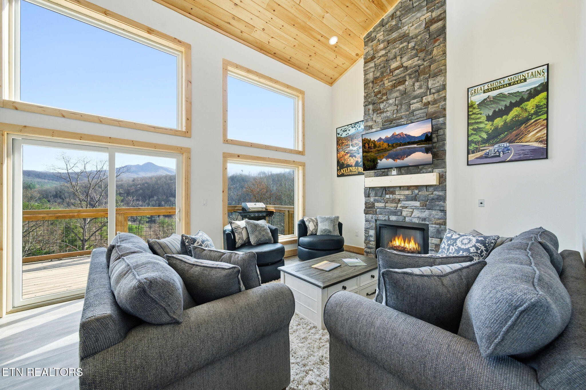 650 Ridge Top Loop Gatlinburg, TN 37738 - Photo 6 of 38 a living room with furniture a fireplace and a large window