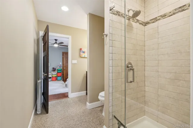 a bathroom with a shower and a toilet
