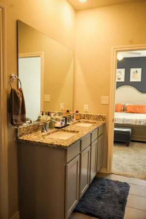 a bathroom with a sink and a mirror