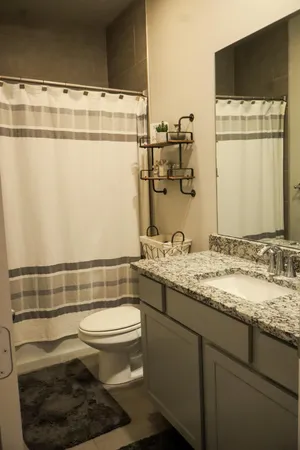 a bathroom with a granite countertop toilet sink and mirror