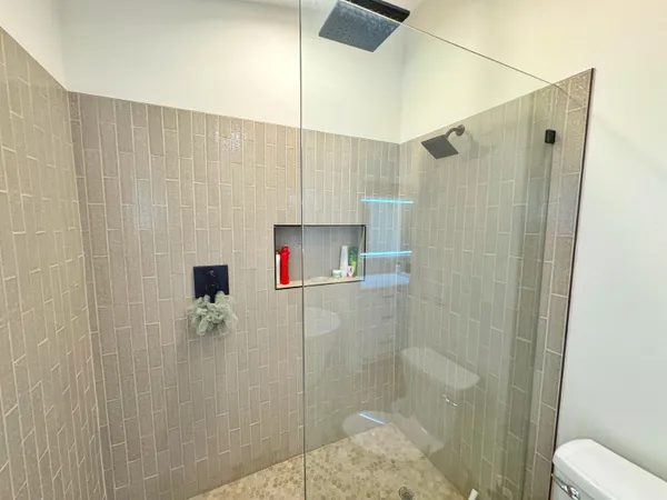 a bathroom with a shower and toilet