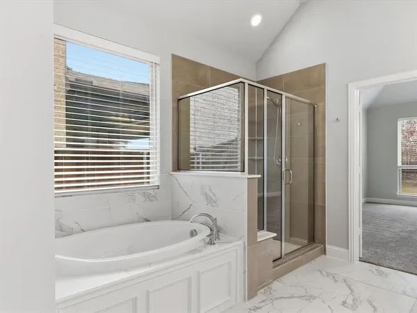 a bathroom with a bathtub and a shower