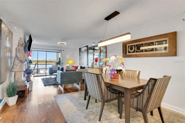 a view of a dining area with furniture and wooden floor