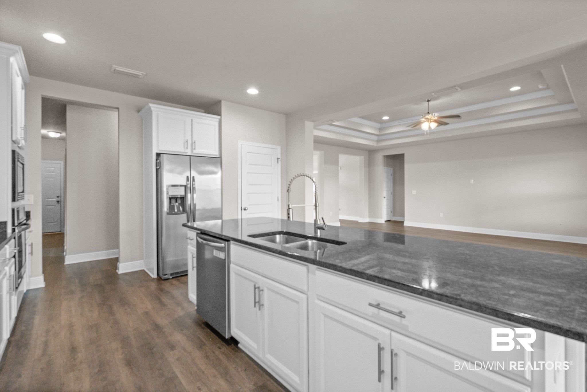 2074 Bourbon Street Foley, AL 36535 - Photo 10 of 46 Kitchen featuring ceiling fan, a tray ceiling, dark hardwood / wood-style flooring, sink, and appliances with stainless steel finishes