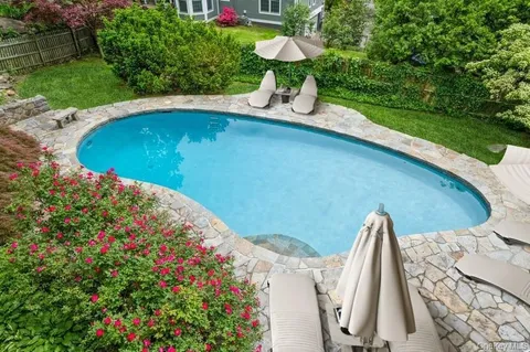 a view of a swimming pool with a yard