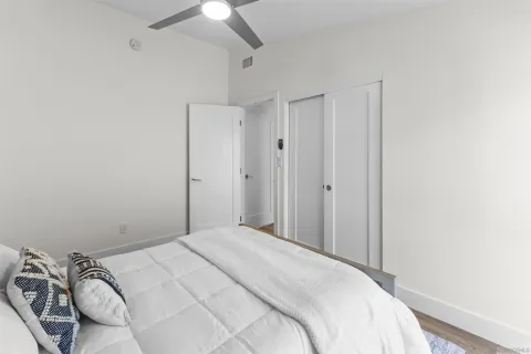 a bedroom with a bed and a walk in closet