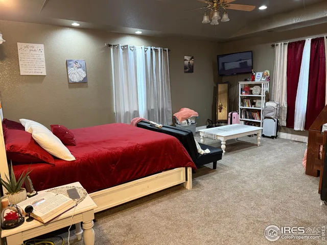 a bedroom with bed and a bookshelf