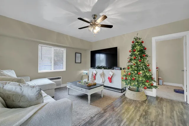 a living room with furniture and a potted plant