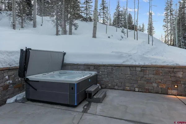 a view of a backyard with jacuzzi