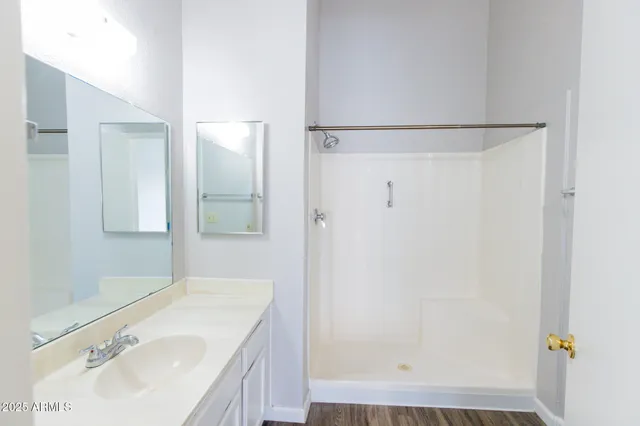 a bathroom with a sink and a mirror