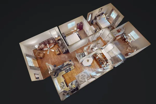 an aerial view of a couch