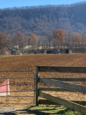 a view of a tennis ground with large trees