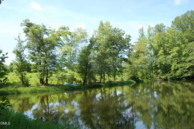 a view of lake with green space