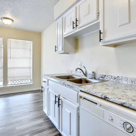 a kitchen with stainless steel appliances granite countertop a sink dishwasher a refrigerator and cabinets with wooden floor