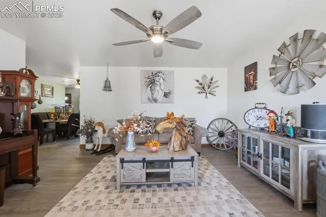 a living room with furniture a rug and a window