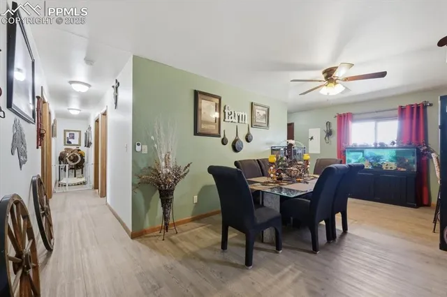a view of a dining room with furniture