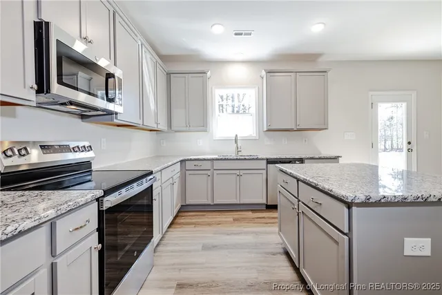 a kitchen with stainless steel appliances granite countertop a stove a sink and a microwave