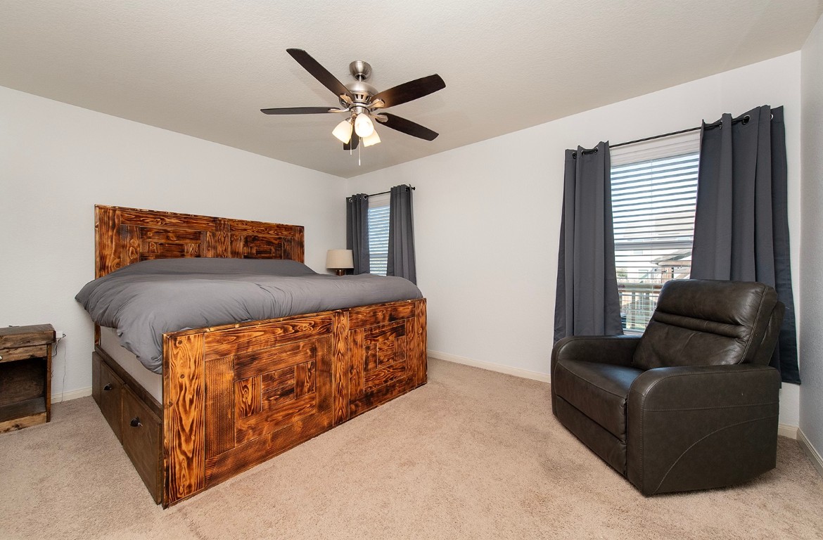 216 Millers Loop Jarrell, TX 76537 - Photo 14 of 31 Bedroom with light carpet, a ceiling fan, and multiple windows