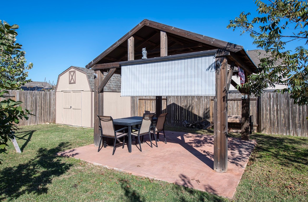 216 Millers Loop Jarrell, TX 76537 - Photo 24 of 31 Fenced backyard with a patio area with awnings pulled down and a storage shed