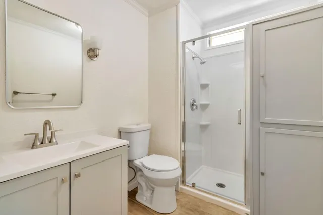a bathroom with a shower sink vanity mirror and toilet