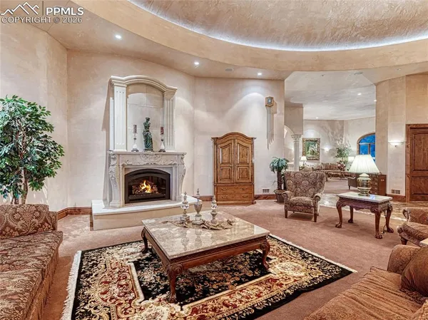 a living room with a chandelier