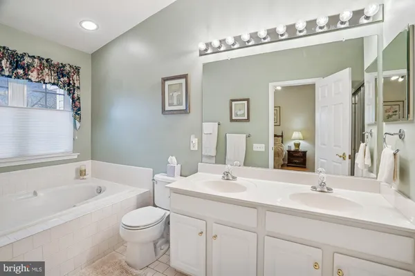 a bathroom with a double vanity sink mirror and toilet