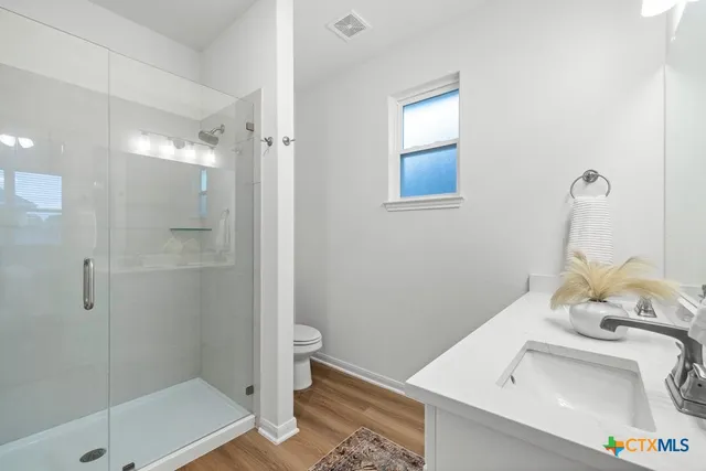 a bathroom with a sink and a shower