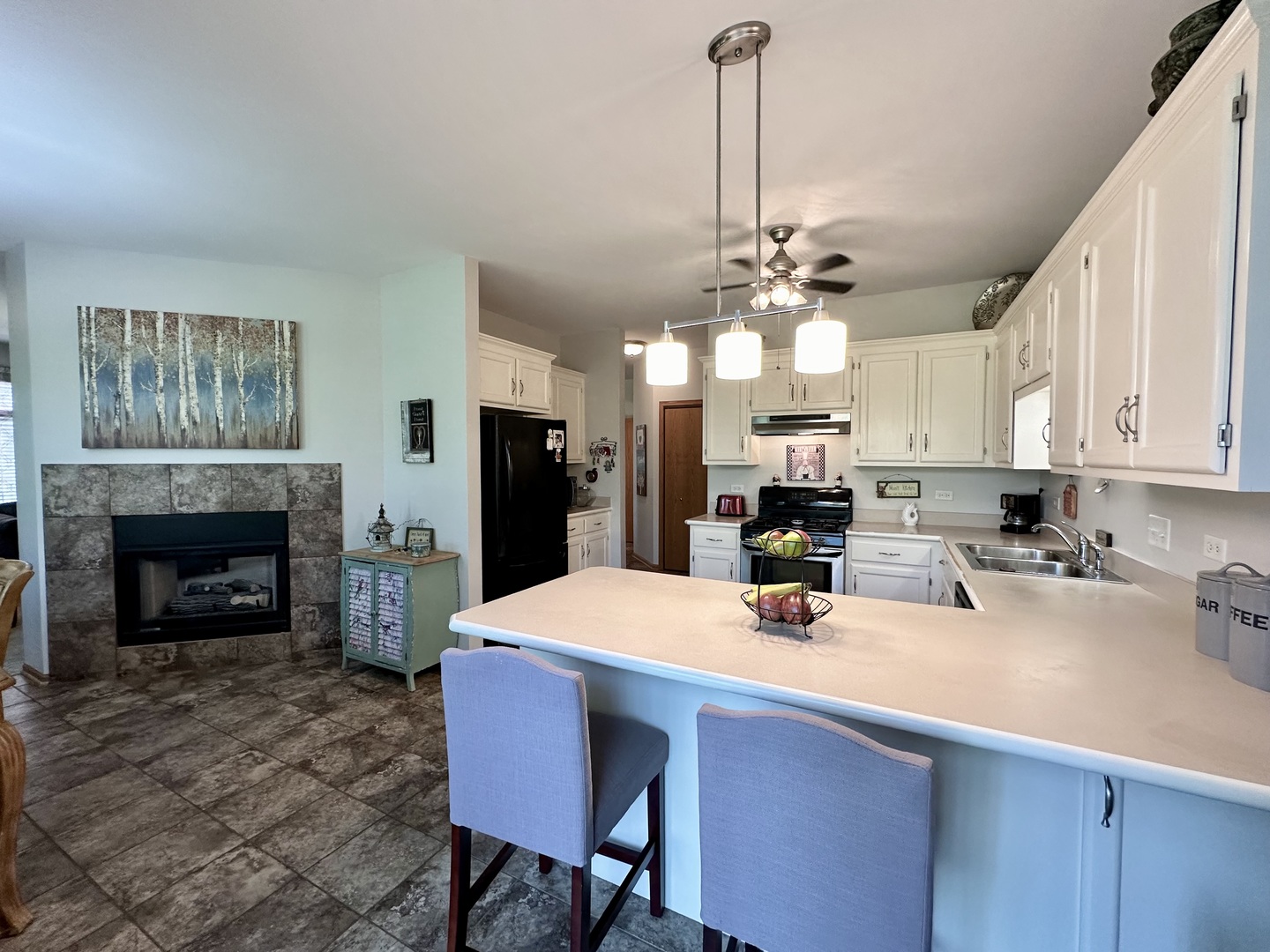18743 Wren Circle Mokena, IL 60448 - Photo 5 of 25 a kitchen with a refrigerator a stove a sink dishwasher and a fireplace with wooden floor