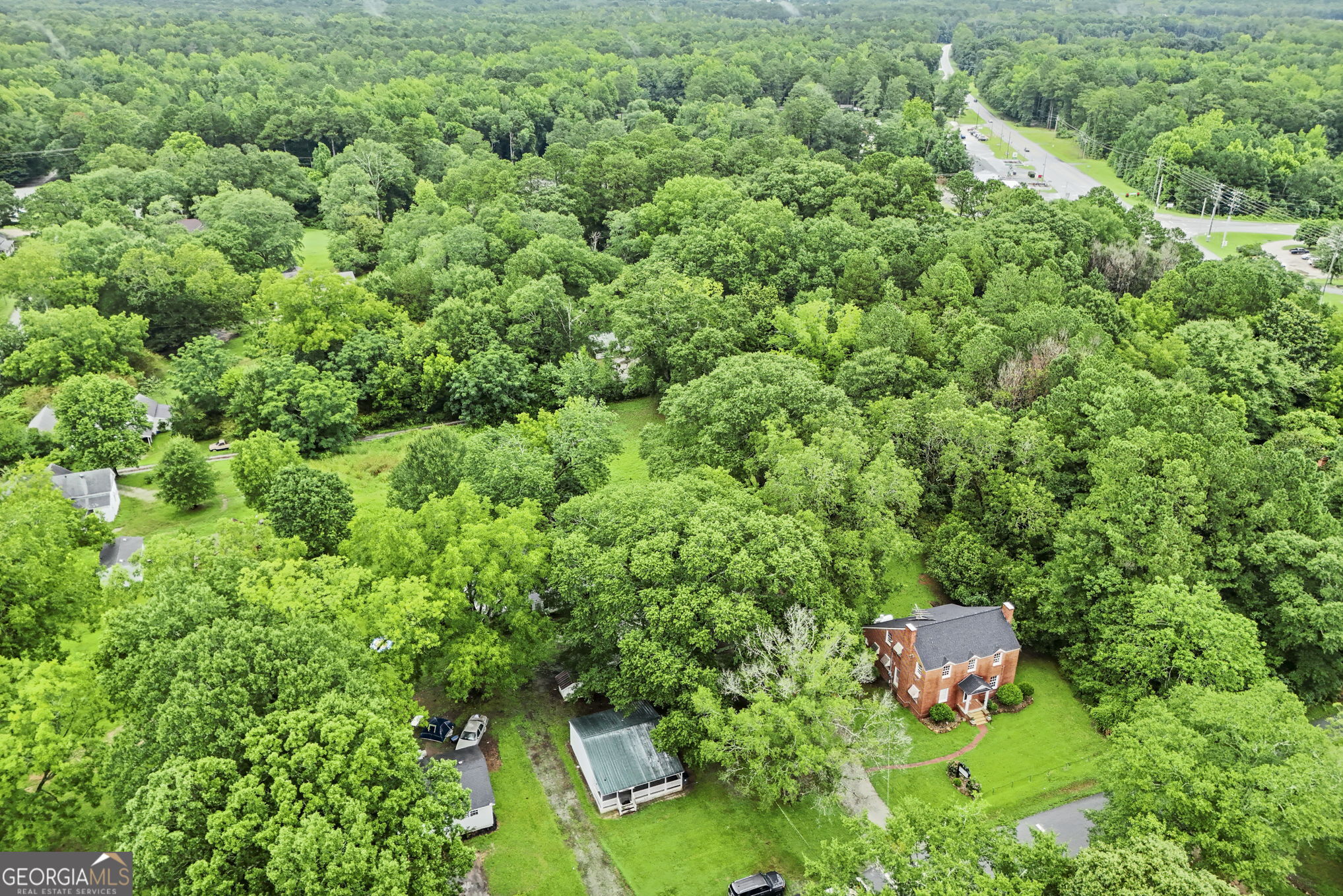 138 Main Street Sharpsburg, GA 30277 - Photo 3 of 34 an aerial view of residential house with outdoor space and trees all around