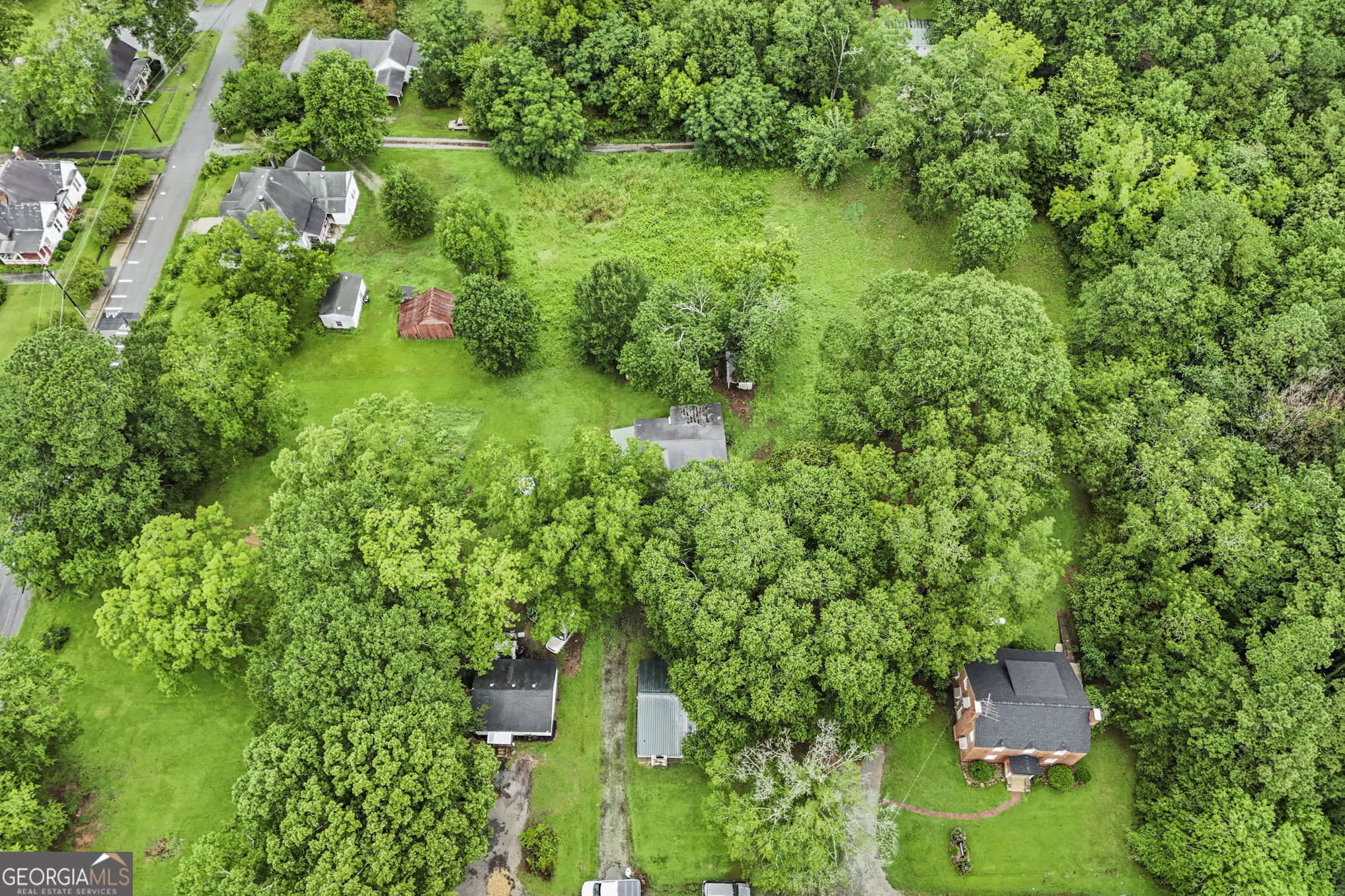 138 Main Street Sharpsburg, GA 30277 - Photo 31 of 34 an aerial view of residential house with outdoor space and trees all around