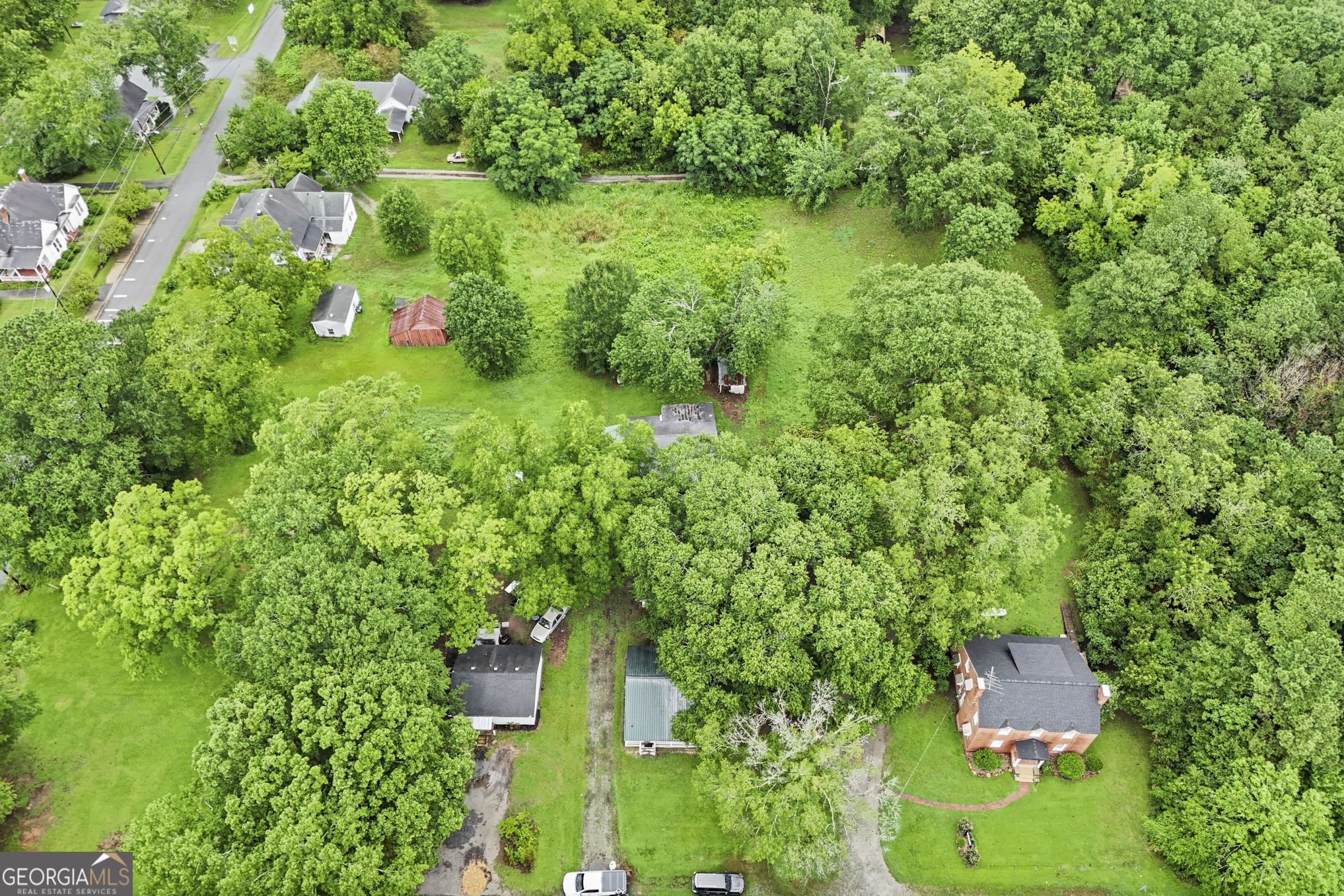 138 Main Street Sharpsburg, GA 30277 - Photo 32 of 34 an aerial view of residential house with outdoor space and trees all around