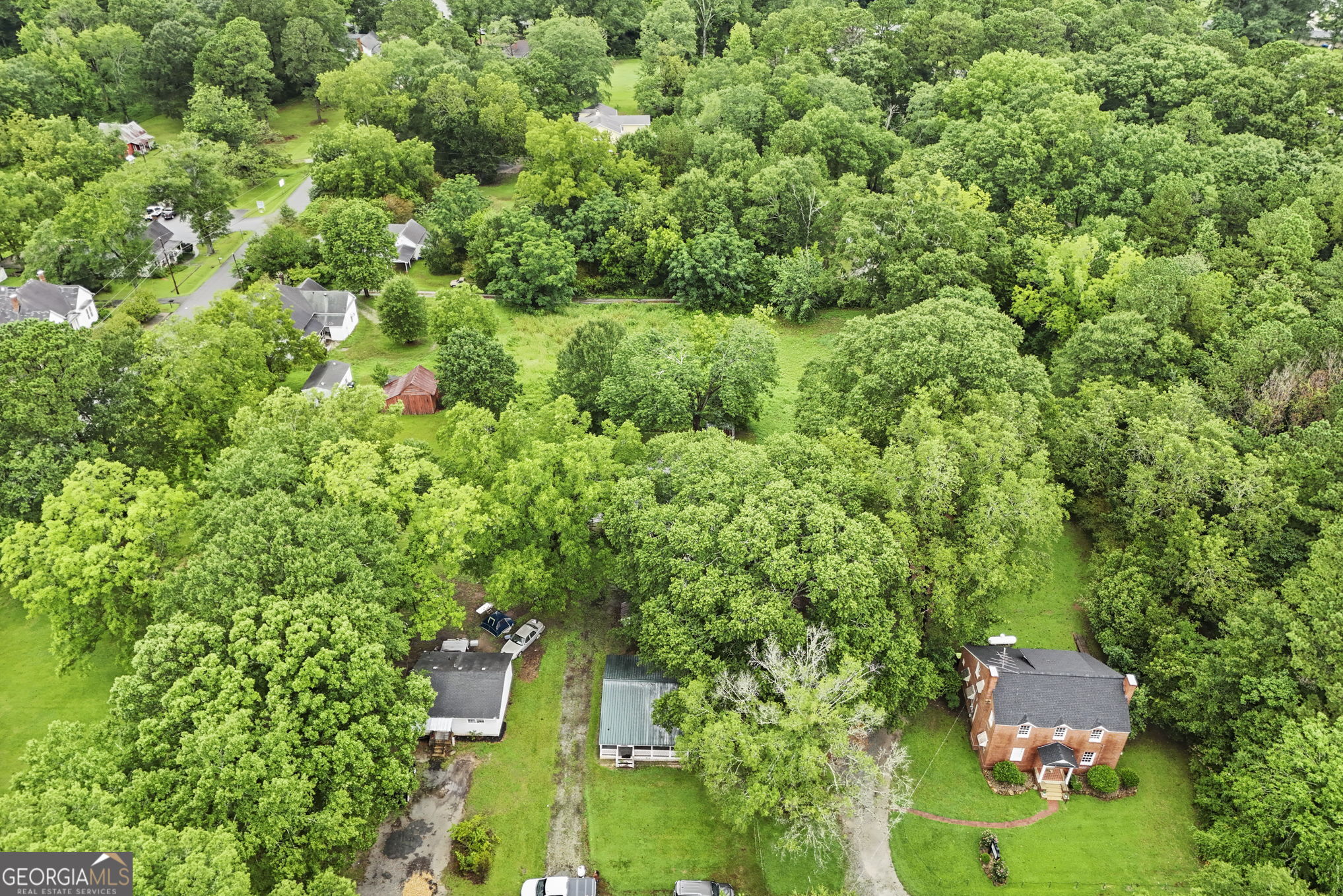 138 Main Street Sharpsburg, GA 30277 - Photo 33 of 34 an aerial view of residential house with outdoor space and trees all around