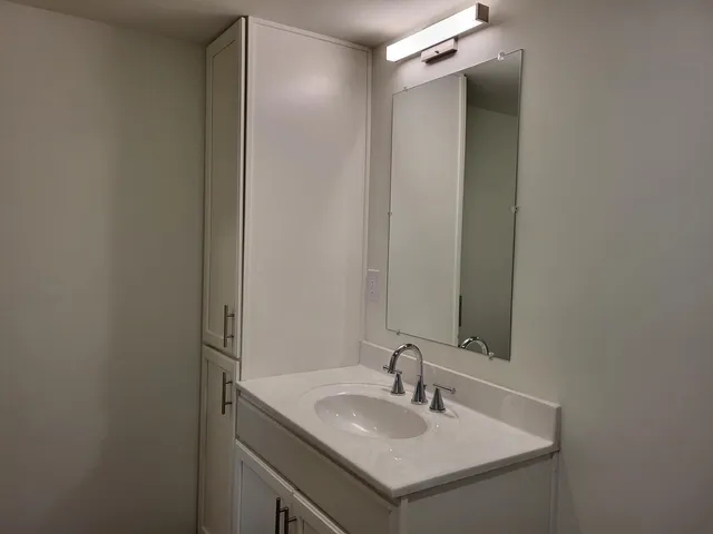a bathroom with a sink and a mirror